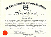 Picture of Bill Gothard's Second Place Science Achievement Award. Full Text: The Future Scientists of America Foundation. This is to certify that William W. Gothard, Jr., a student in the twelfth grade of Lyons Township High School, has received Second Place in the 1953 program of Science Achievement Awards for Students sponsored by the American Society for Metals and conducted by the National Science Teachers Association. The opportunities presented by a career as a scientist, a technician, and engineer, a science teacher, afford the greatest possible opportunity for a useful and satisfying life work and the ability to contribute to the welfare and advancement of the world of tomorrow. Given under our hand and seal this first day of October, 1953. Signed by Charlotte L Grant, President, and Robert H. Carleton, Executive Secretary, National Science Teachers Association; Ralph L. Wilson, President, W H Eisenman, Secretary, American Society for Metals; and Phillip L. Johnson, Chairman, Future Scientists of America Foundation.